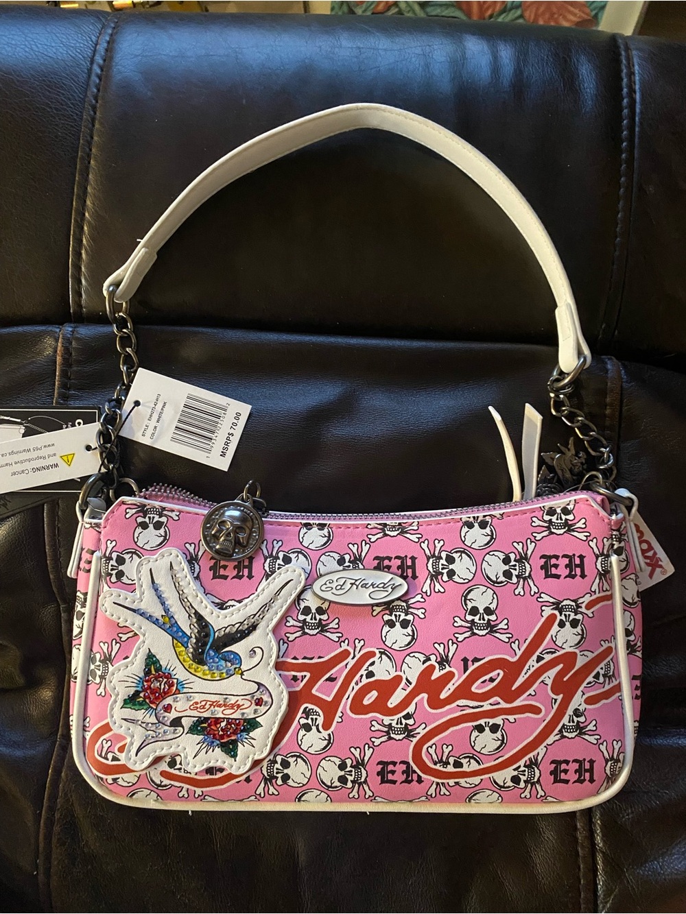 Ed Hardy Pink Skull-Print Shoulder Bag with White Handle and Swallow Patch